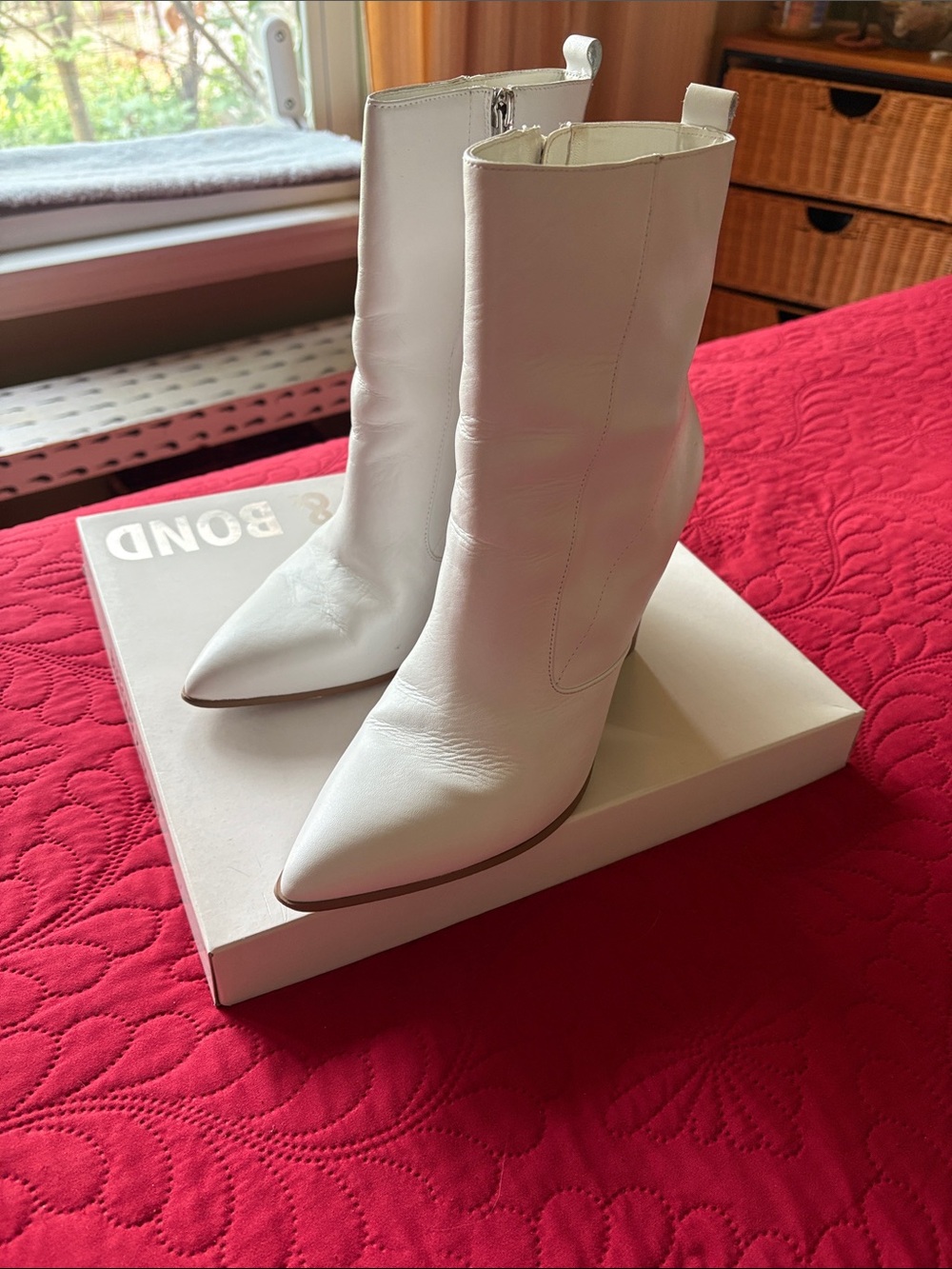 White Pointed-Toe Mid-Calf Booties with Side Zip